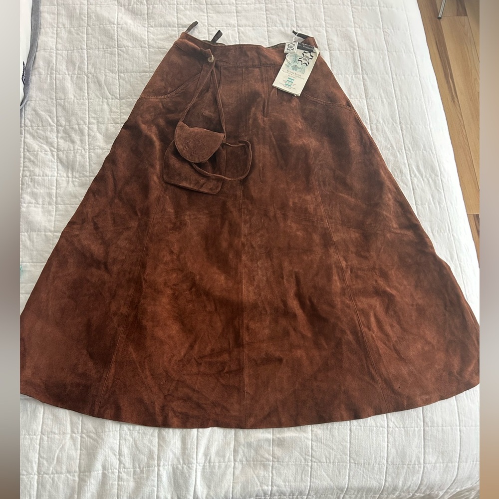 Brown Suede Leather A-Line Skirt with Matching Pouch